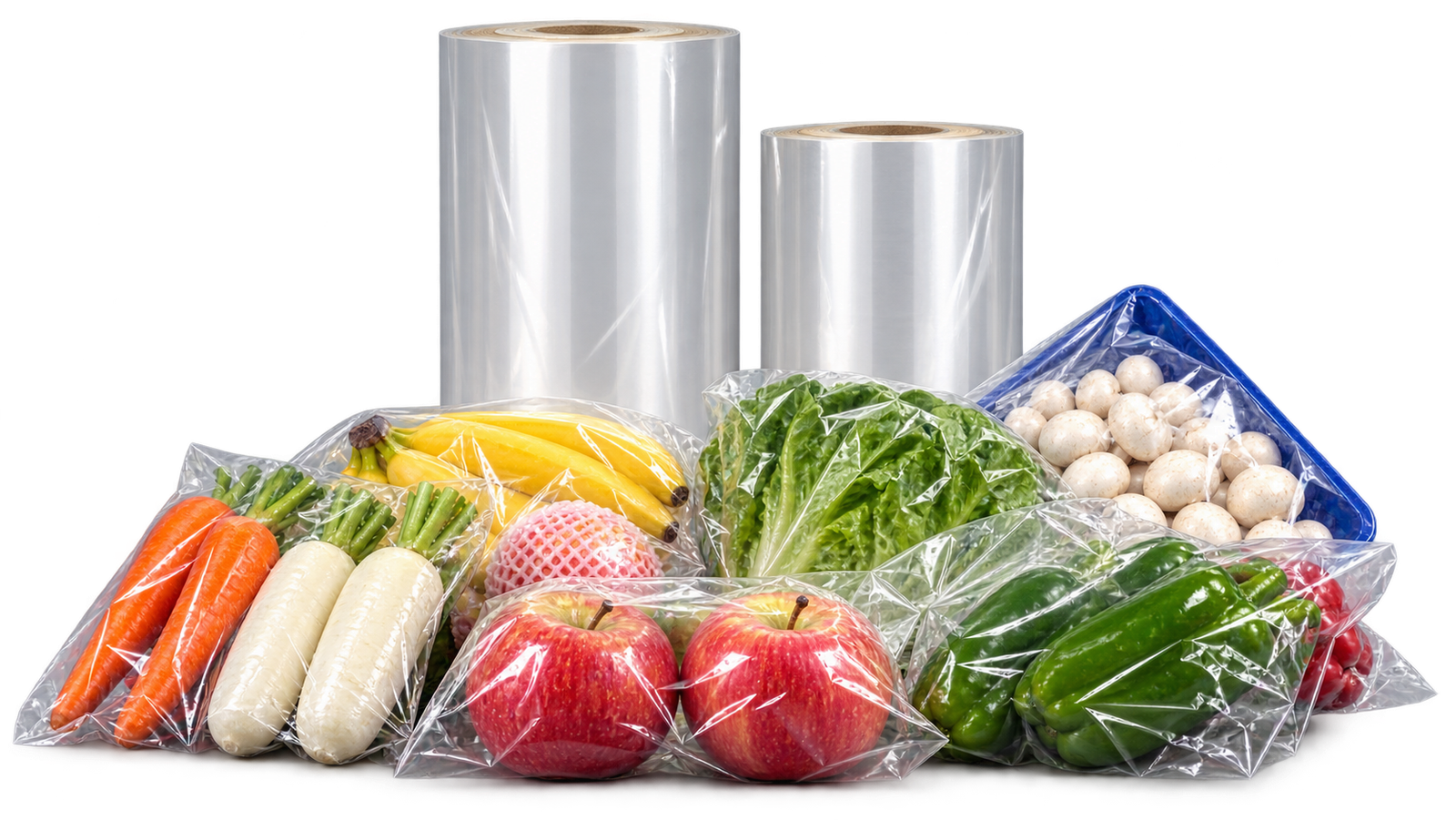 Clear anti-fog film rolls with fresh produce in transparent packaging