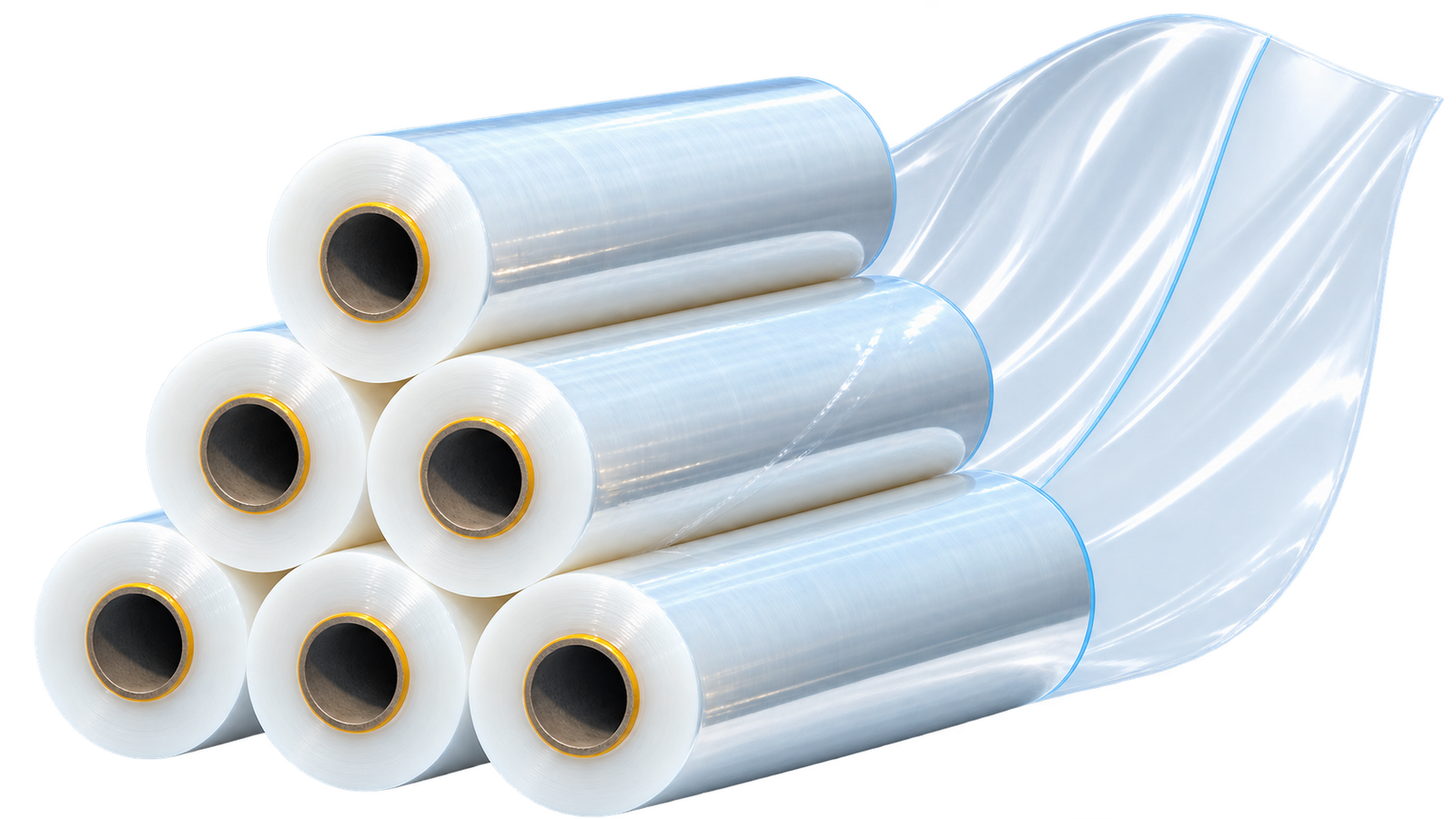 Six full-size clear packaging film rolls with a transparent film sheet