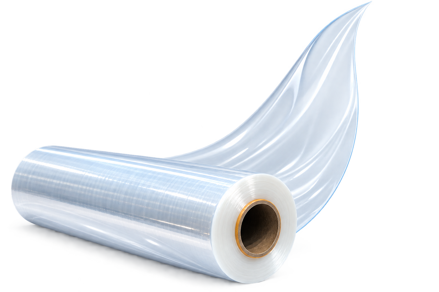 Large clear packaging film roll with an unfurled transparent sheet