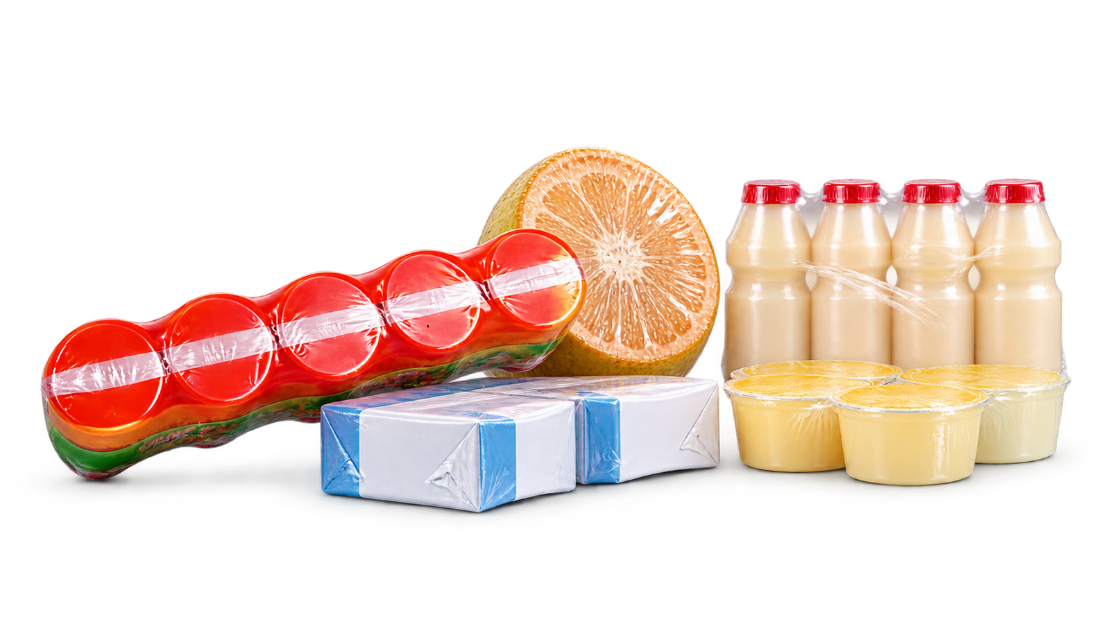 Assorted food products tightly wrapped with clear POF shrink film