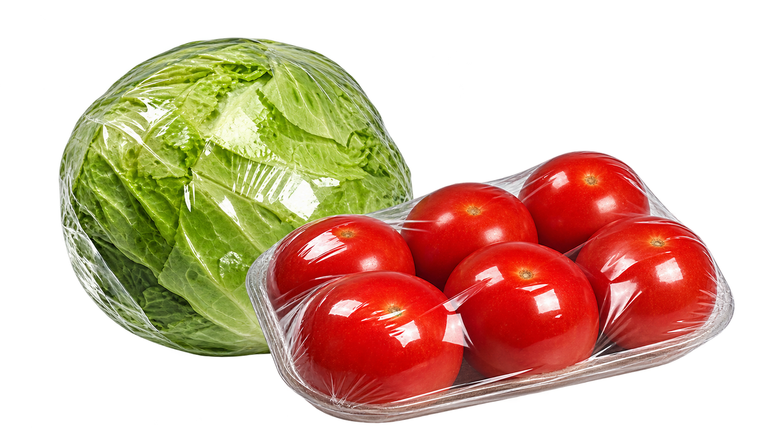 Lettuce and tomatoes wrapped for anti-fog chilled-product packaging