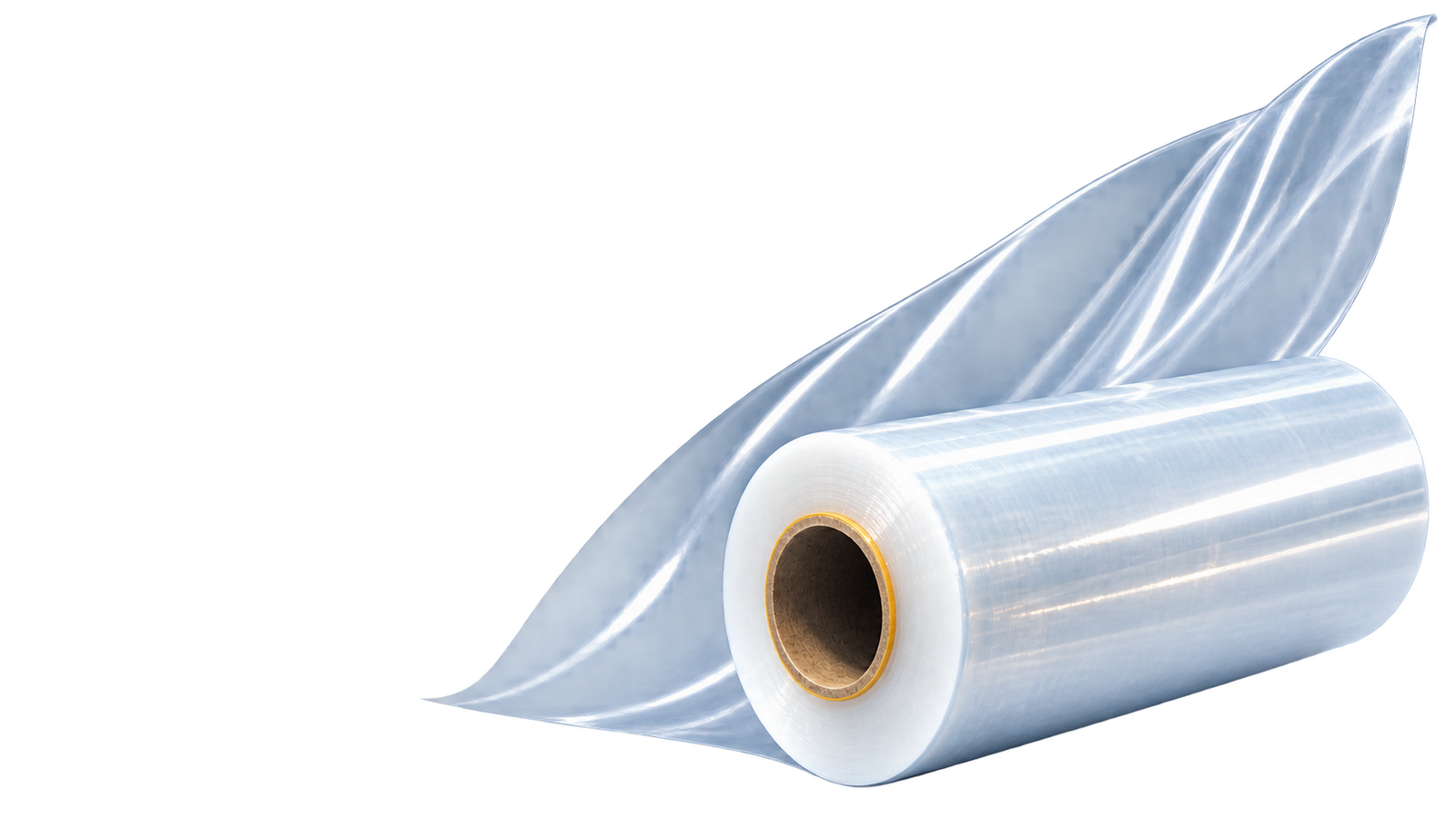 Clear packaging film roll with an unfurled sheet
