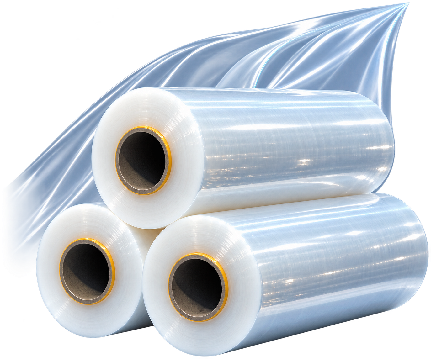 Three large clear packaging film rolls with an unfurled transparent sheet